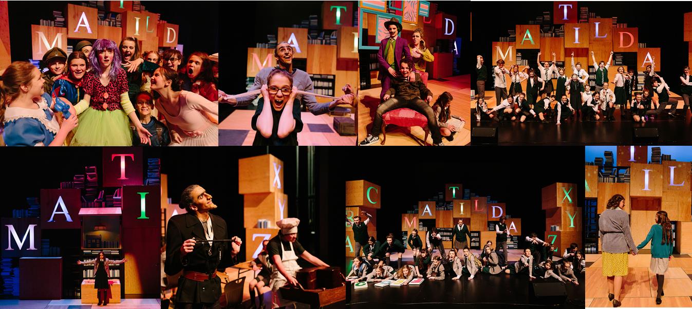 A compilation of professionally taken photos featuring CSOPA's production of Matilda. The photos depict various cast members and a large building block style set with various glowing letters, as well as the word "Matilda" printed on them