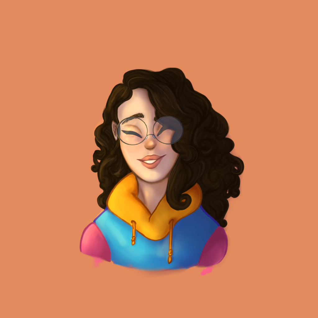drawn image of Adrienne Reitsma, The administrative coordinator of CSOPA. They are smiling in the photo. They have longer, curly, dark hair, round glasses, and a yellow, pink, and blue sweater.