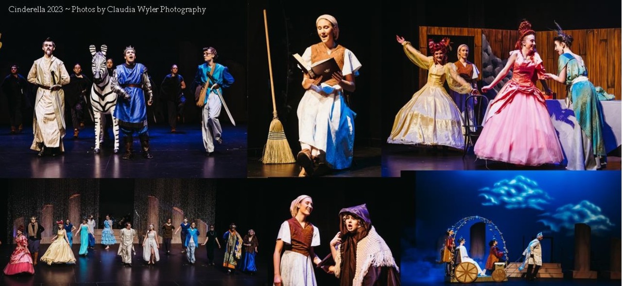 a compilation of 6 professionally shot photos of CSOPA's production of Rodgers and Hammerstein's Cinderella. The image is labelled Photos by Claudia Wyler Photography in the top left. On the top row, a photo of the Prince and a fake zebra, a photo of Cinderella reading, a photo of The Stepmother and sisters celebrating while Cinderella looks on dejectedly. On the bottom row, a photo of guests in a pillar lined ballroom, a photo of Cinderella laughing with a kooky elderly woman, a photo of Cinderella being pulled in her carriage.